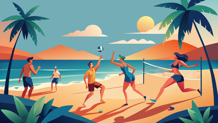 Vibrant Beach Volleyball Game at Sunset Illustration