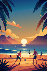 Tropical Beach Football Game at Sunset Illustration