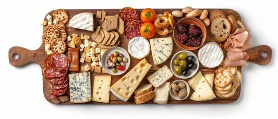 Overhead shot of a sumptuous charcuterie board filled with an assortment of cheeses and meats.