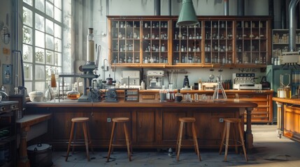 vintage wooden stools and equipment create the ambiance of an empty laboratory, emphasizing the concept of a scientific workspace