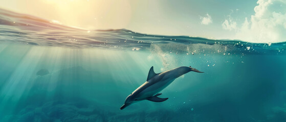 Fototapeta premium A dolphin elegantly leaps through the sun-kissed ocean's surface, radiating joy.
