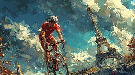 Naklejka premium Riding a bike and Eiffel tower, France, Olympic games 2024
