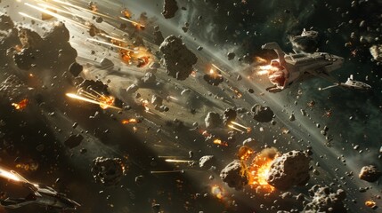 A chaotic space fleet battle scene set within a debris-strewn asteroid field, showcasing explosive destruction and dynamic maneuvers.