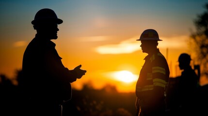 Silhouette of a construction supervisor with a clipboard overseeing the active site during a vibrant sunset, with workers in the background.