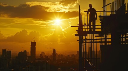Silhouetted construction workers are captured in motion on a skyscraper's scaffolding against the backdrop of a sunset-lit city skyline.