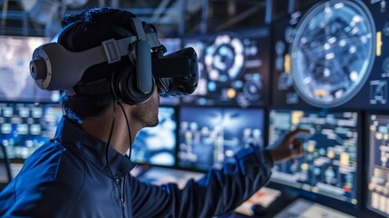 A professional engineer interacts with advanced virtual reality equipment in a high-tech control room, managing complex data displays.