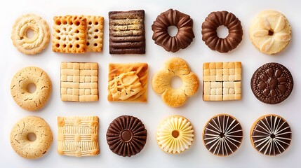 Assorted biscuits arranged neatly on a clean white background, tempting with their golden-brown perfection.