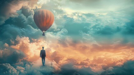 Man walks towards a hot air balloon in the clouds