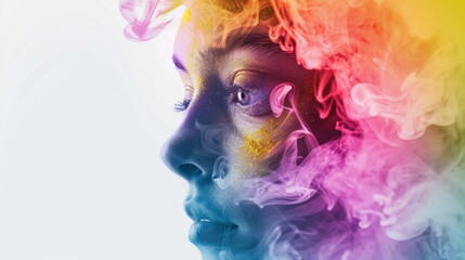Side portrait of a woman surrounded by colored smoke