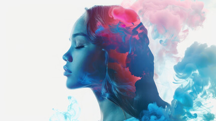 Side portrait of a woman, silhouette, colored smoke in blue and red