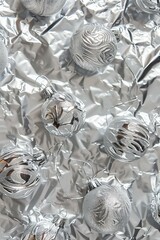 beautiful retro silver Christmas ornaments on a silver aluminium foil background