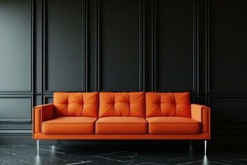Black wall orange sofa decor. Room living. Generate Ai