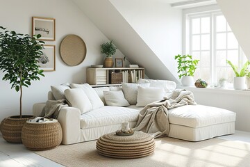 Fototapeta premium Corner sofa against shelving unit, scandinavian home interior design of modern living room in attic in farmhouse.