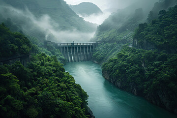 Generative ai on theme of hydroelectric power energy plant with large turbines and water spills