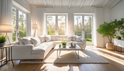 Elegant living room with a white sectional sofa, large windows, floor lamps, coffee table, and indoor plants, bathed in sunlight for a serene setting.