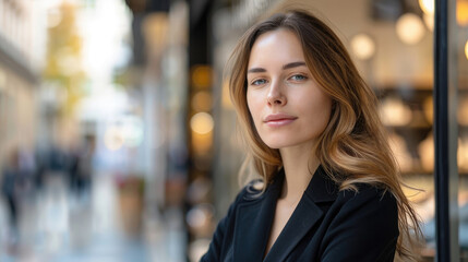 Obraz premium beautiful portrait of modern rich woman with neutral expression facing forward in front of luxury shop