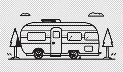 Black line art design of caravan camping, vector illustration on transparent background