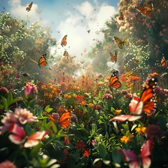A field of flowers with butterflies