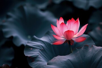 Black lotus flower in dark background. Nature leaf waterlily light plant. Generate Ai