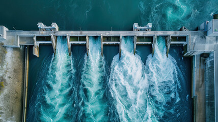 Aerial top view hydroelectric dam, water discharge through locks. Blue color banner, industrial concept.