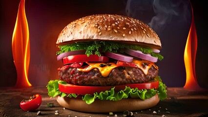Grilled beef angus burger with cheese , Hamburger with grilled beef and vegetables