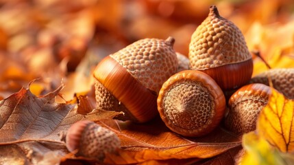 brown acorns on autumn leaves, close up