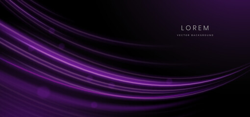 Abstract purple curved light lines rays on black background with lighting effect and bokeh.