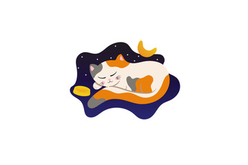 cute calico cat sleeps soundly after eating. with a nighttime background, stars and moon