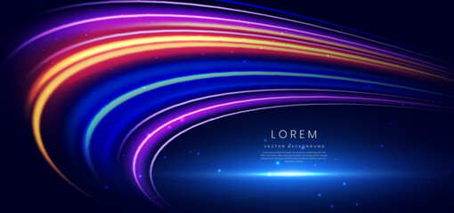 Abstract futuristic glowing neon multi color lines. Hi speed motion moving concept on dark blue background.