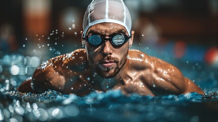 Determined swimmer doing laps in tranquil, crystal clear blue waters for fitness and relaxation