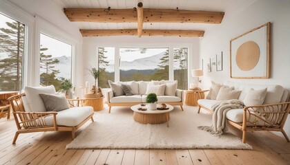 Cozy living room with natural light, wooden furniture, large windows, and mountain views, perfect for home decor and real estate.