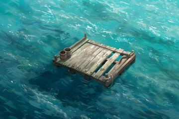 A scene where a simple wooden raft floats atop the vast expanse of the open sea