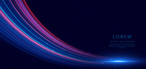 Abstract futuristic glowing neon multi color lines. Hi speed motion moving concept on dark blue background.