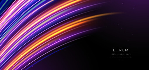 Abstract futuristic glowing neon multicolor curved lines. Hi-speed motion moving concept on dark blue background.