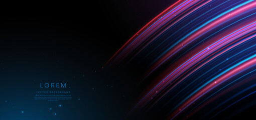 Abstract futuristic glowing neon red and blue curved lines. Hi-speed motion moving concept on dark blue background.