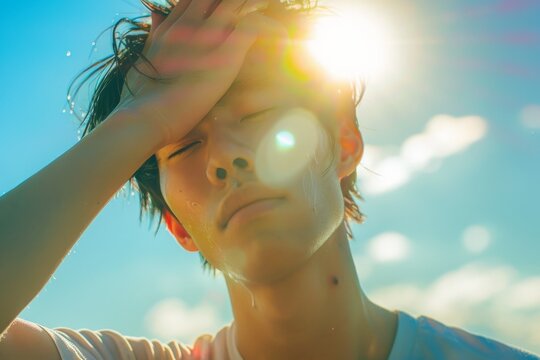 炎天下の暑さで熱中症になりそうな日本人男性（真夏日・猛暑・脱水・日射病・酷暑・残暑）