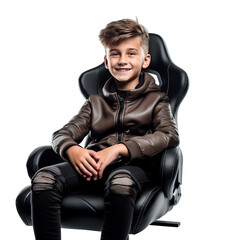 Happy gamer teenager with modern clothes smiling and sitting in gaming chair isolated on transparent background, png file.