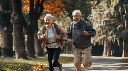 Obraz premium Portrait shot of older couple running together in the park, in the style of joyful and optimistic