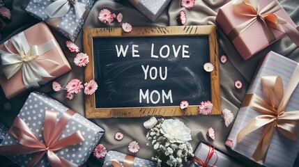 Mother's Day gift and greeting message in a small black board.