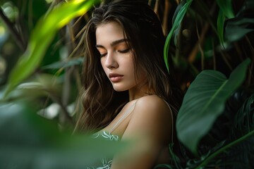 Fototapeta premium beautiful young woman posing in the tropical jungle