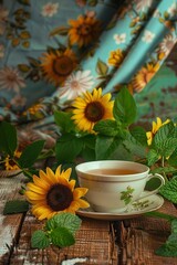 Teacup With Sunflowers on Table