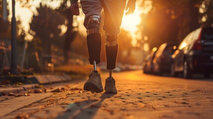 athlete man with prosthetic leg walking outdoor, close up at disabled young man with prosthetic leg walking along the street, prostheses standing, one way to win is to be yourself, generate by AI.. - Powered by Adobe