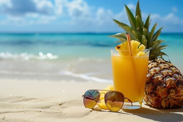 pineapple juice and sunglasses on a tropical beach
