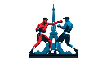 Boxing sport game and Eiffel tower, France, Olympic games 2024