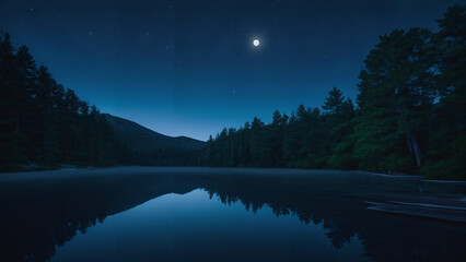 full moon that is shining over a lake, new hampshire mountain, is at dawn and bluish, in a forest