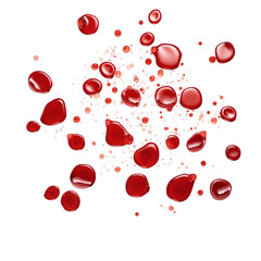 Bright and shiny red blood drops isolated on transparent background, PNG file. Vibrant blood stains or splashes
