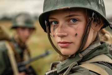 Woman in Military Uniform With Helmet - obrazy, fototapety, plakaty