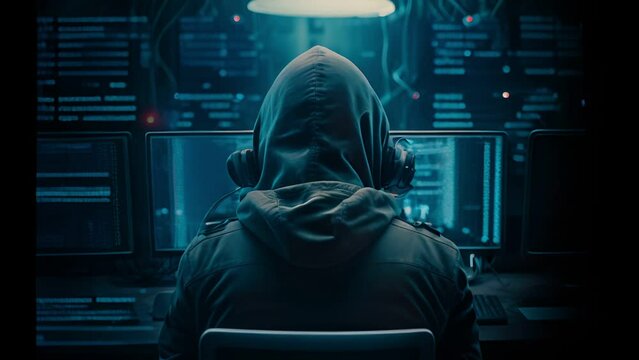 Hacker using abstract laptop with binary code digital interface , cyber war Hacking and malware concept 