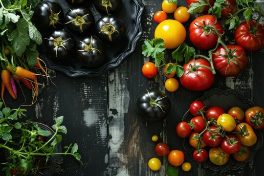 Black tomatoes table. Wicker basket with juicy and fresh vegetables. Generate AI