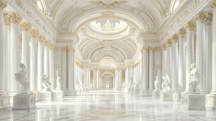 An opulent white marble interior with statues and ornate gold detailing, lit by natural light, conveying grandeur and elegance. Generative AI